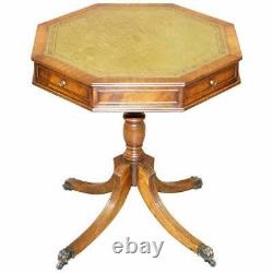 Lovely Revolving Green Leather Topped Octagonal Side End Lamp Table With Drawers