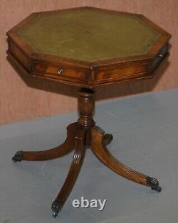 Lovely Revolving Green Leather Topped Octagonal Side End Lamp Table With Drawers