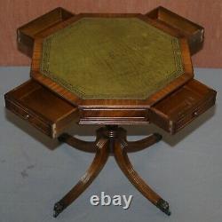 Lovely Revolving Green Leather Topped Octagonal Side End Lamp Table With Drawers