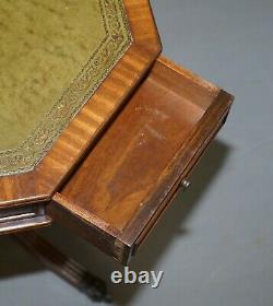 Lovely Revolving Green Leather Topped Octagonal Side End Lamp Table With Drawers