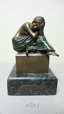 Lovely Vintage Bronze Nude Female Sculpture, Signed Moreau, Green Marble Base