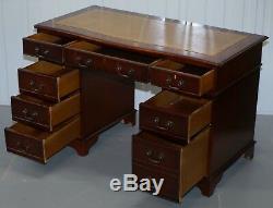 Luxury Curved Front Mahogany With Green Leather Top Twin Pedestal Partner Desk