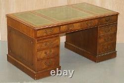 Luxury Twin Pedestal Partner Desk, Twin Butlers Trays, Mahogany & Green Leather