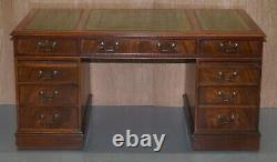 Luxury Twin Pedestal Partner Desk, Twin Butlers Trays, Mahogany & Green Leather