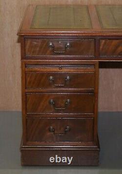 Luxury Twin Pedestal Partner Desk, Twin Butlers Trays, Mahogany & Green Leather