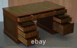 Luxury Twin Pedestal Partner Desk, Twin Butlers Trays, Mahogany & Green Leather