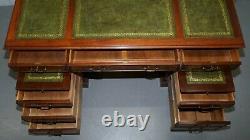 Luxury Twin Pedestal Partner Desk, Twin Butlers Trays, Mahogany & Green Leather