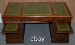 Luxury Twin Pedestal Partner Desk, Twin Butlers Trays, Mahogany & Green Leather