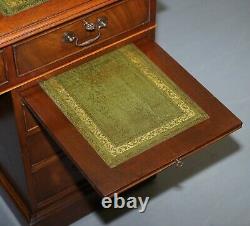 Luxury Twin Pedestal Partner Desk, Twin Butlers Trays, Mahogany & Green Leather