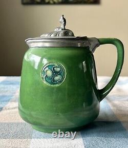 MOORCROFT Remarkable 1900 green FLAMMINIAN pitcher w pewter cover signed