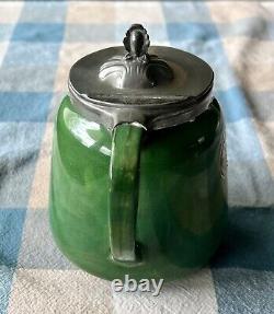 MOORCROFT Remarkable 1900 green FLAMMINIAN pitcher w pewter cover signed