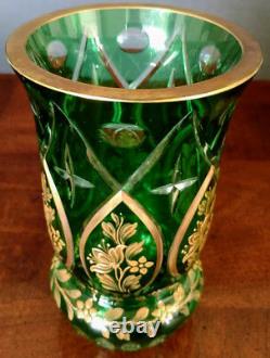 MOSER Antique Emerald Green Cut To Clear Intaglio Gold Gilded 1900's Vase, Nice