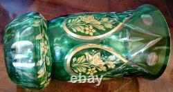 MOSER Antique Emerald Green Cut To Clear Intaglio Gold Gilded 1900's Vase, Nice