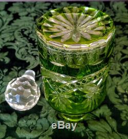 MOSER Decanter Org Stopr Gorgeous Early 1900 Green Crystal Cut & Etched To Clear