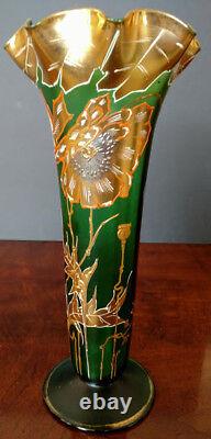 MOSER Early1900's Unique & Fine 12 Tall Green & Lots of Gold Flared Top Vase