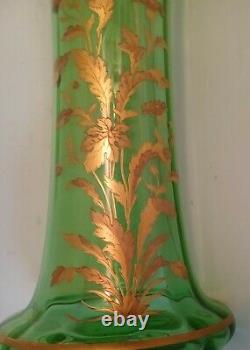 MOSER GLASS Art Nouveau Green Moser Glass with Gilt Flower Decoration Vase