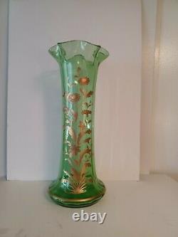 MOSER GLASS Art Nouveau Green Moser Glass with Gilt Flower Decoration Vase