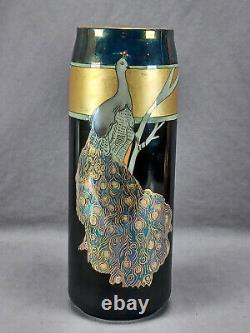 MZ Austria hand Painted Green Blue Luster Gold & Black Art Nouveau Peacock Vase