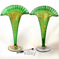 Magnificent, 14 Tall Antique Moser Vases Gold Enamel, Green URANIUM Glass