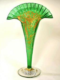 Magnificent, 14 Tall Antique Moser Vases Gold Enamel, Green URANIUM Glass