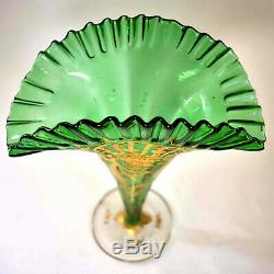 Magnificent, 14 Tall Antique Moser Vases Gold Enamel, Green URANIUM Glass