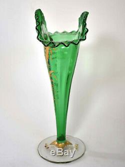 Magnificent, 14 Tall Antique Moser Vases Gold Enamel, Green URANIUM Glass