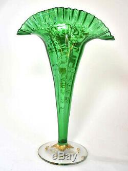 Magnificent, 14 Tall Antique Moser Vases Gold Enamel, Green URANIUM Glass