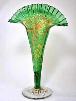 Magnificent, 14 Tall Antique Moser Vases Gold Enamel, Green URANIUM Glass