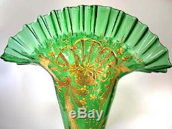 Magnificent, 14 Tall Antique Moser Vases Gold Enamel, Green URANIUM Glass