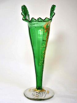 Magnificent, 14 Tall Antique Moser Vases Gold Enamel, Green URANIUM Glass