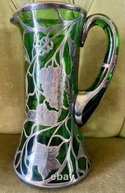 Magnificent Art Nouveau Silver Overlay Green Glass 9 Pitcher Grapes Leaves Mono