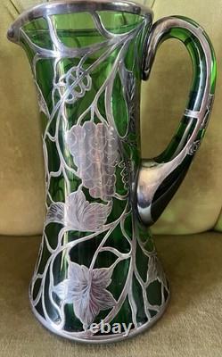 Magnificent Art Nouveau Silver Overlay Green Glass 9 Pitcher Grapes Leaves Mono