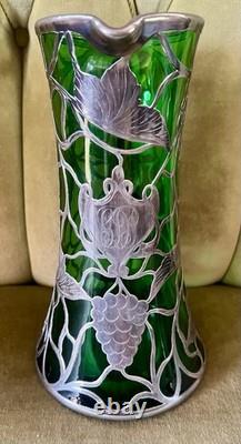 Magnificent Art Nouveau Silver Overlay Green Glass 9 Pitcher Grapes Leaves Mono