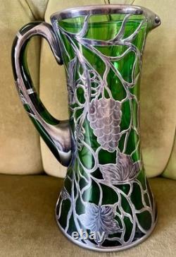 Magnificent Art Nouveau Silver Overlay Green Glass 9 Pitcher Grapes Leaves Mono