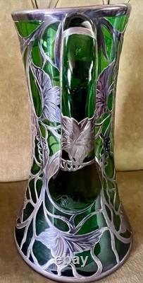 Magnificent Art Nouveau Silver Overlay Green Glass 9 Pitcher Grapes Leaves Mono