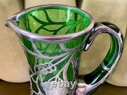 Magnificent Art Nouveau Silver Overlay Green Glass 9 Pitcher Grapes Leaves Mono