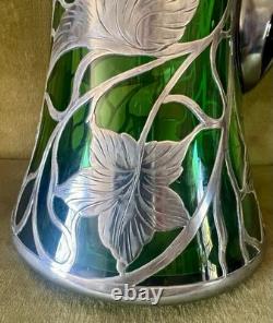 Magnificent Art Nouveau Silver Overlay Green Glass 9 Pitcher Grapes Leaves Mono