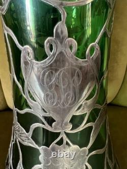 Magnificent Art Nouveau Silver Overlay Green Glass 9 Pitcher Grapes Leaves Mono