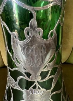 Magnificent Art Nouveau Silver Overlay Green Glass 9 Pitcher Grapes Leaves Mono