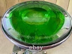 Magnificent Art Nouveau Silver Overlay Green Glass 9 Pitcher Grapes Leaves Mono