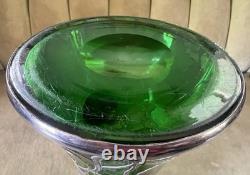 Magnificent Art Nouveau Silver Overlay Green Glass 9 Pitcher Grapes Leaves Mono