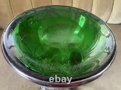 Magnificent Art Nouveau Silver Overlay Green Glass 9 Pitcher Grapes Leaves Mono