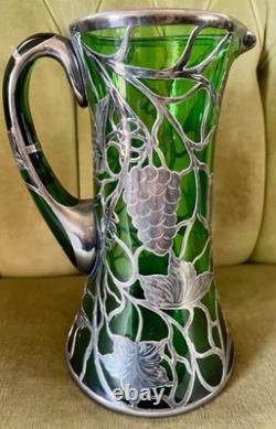 Magnificent Art Nouveau Silver Overlay Green Glass 9 Pitcher Grapes Leaves Mono