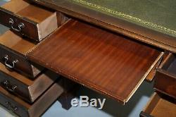 Mahogany & Green Leather Partner Desk With Sliding Keyboard Shelf Twin Pedestal