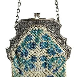 Mandalian Blue Green Ornate Art Deco Chain Enamel Mesh Purse Flapper Rhinestone