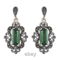 Marcasite and Green Quartz Art Nouveau Drop Earrings Solid Sterling Silver