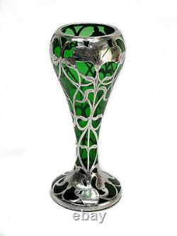 Matthews Co. 999 Fine Silver Overlay Green Glass Vase Art Nouveau 20th Century