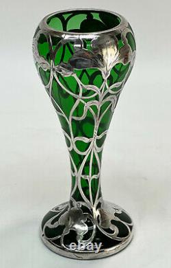 Matthews Co. 999 Fine Silver Overlay Green Glass Vase Art Nouveau 20th Century