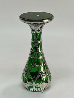 Matthews Co. 999 Fine Silver Overlay Green Glass Vase Art Nouveau 20th Century