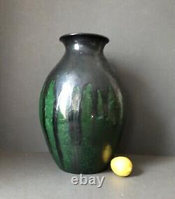 Max Laeuger Lauger Vase for Karlsruhe, Black Green Drip Glaze Baden Pottery 33cm